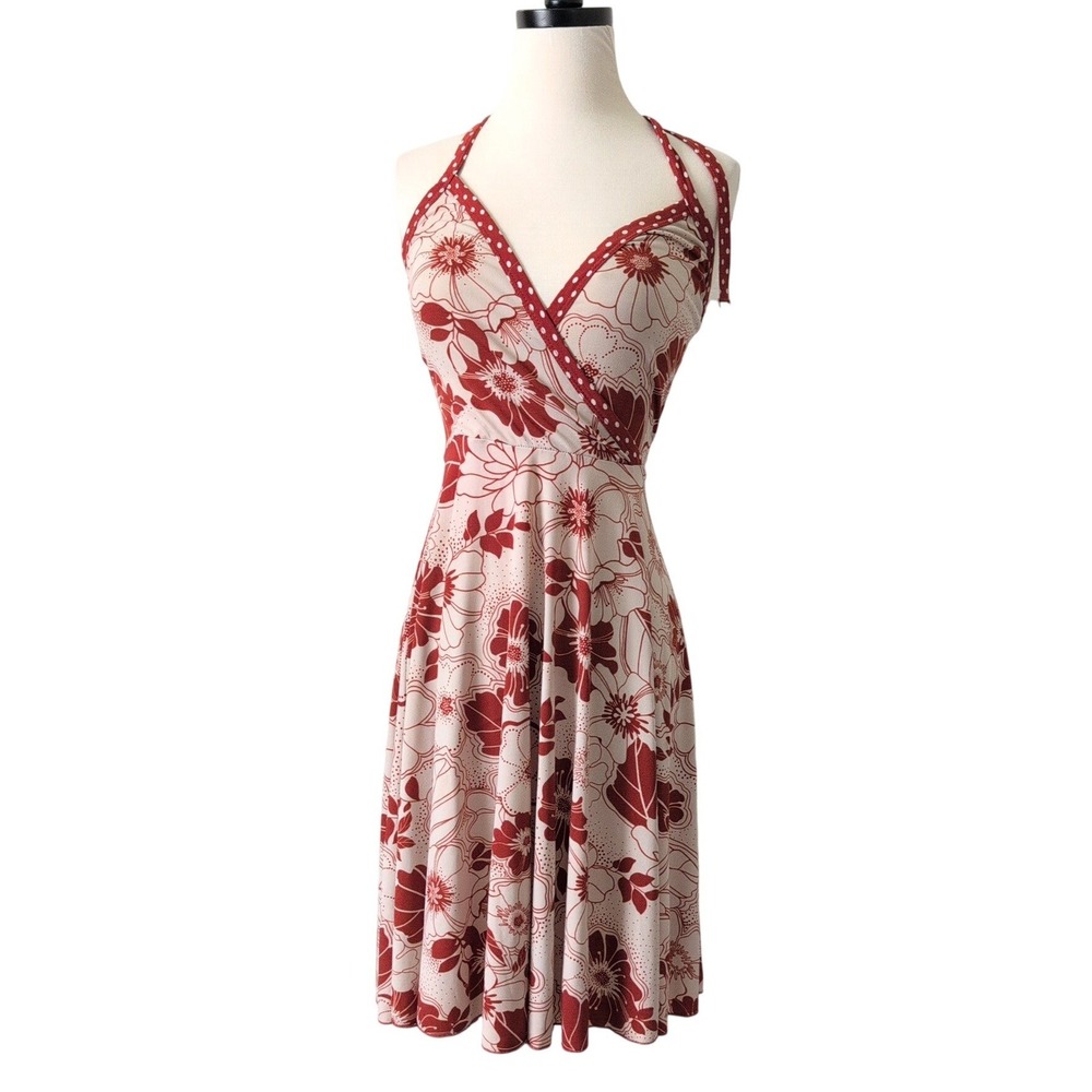 Ruby Rox Red Floral Polka Dot Halter Dress Small RLE-4039 Made in USA